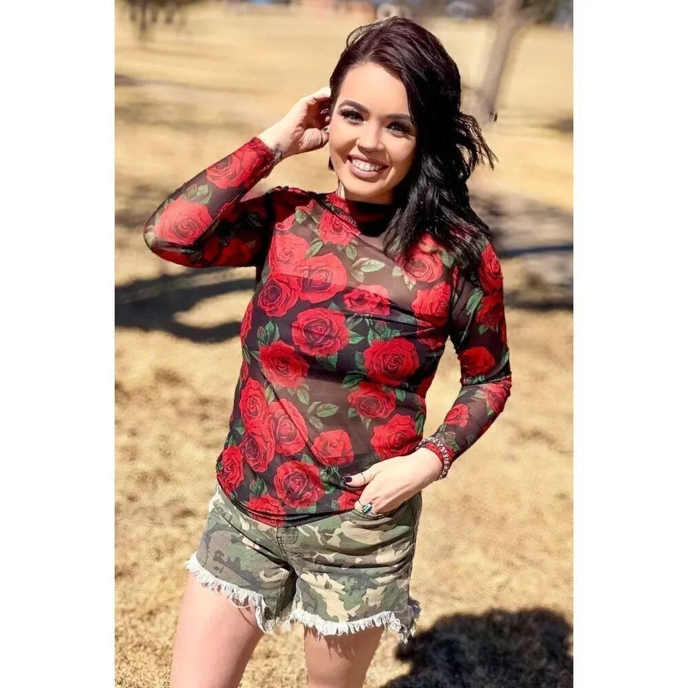 Rose Of My Heart Sheer Mesh Floral Top Red Roses Western Cowgirl Boho New